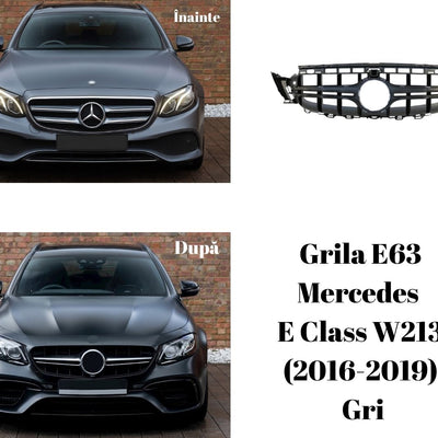 Grilă E63 Look gri pentru Mercedes-Benz E-Class W213 (2016–2019), imagine detaliată cu finisaj premium și stil inspirat AMG.