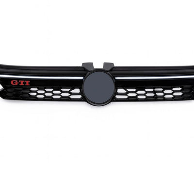 Grilă frontală GTI LED compatibilă cu Volkswagen Golf 8 (2020+), finisaj negru lucios cu detalii roșii, design sportiv și iluminare LED integrată.