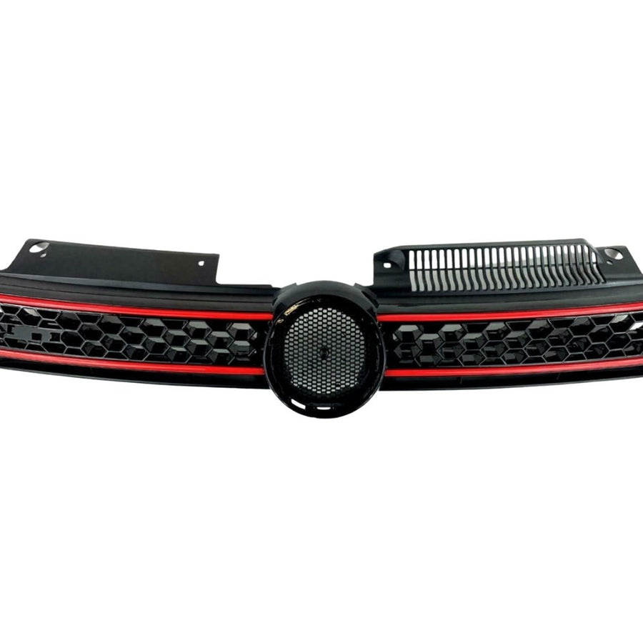 Grilă auto GTI compatibilă Volkswagen Golf 6 MK6, fotografie frontală detaliată, plastic ABS negru lucios cu design tip fagure și accente roșii sport.