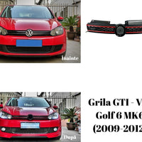 Grilă auto GTI compatibilă Volkswagen Golf 6 MK6, fotografie frontală detaliată, plastic ABS negru lucios cu design tip fagure și accente roșii sport.