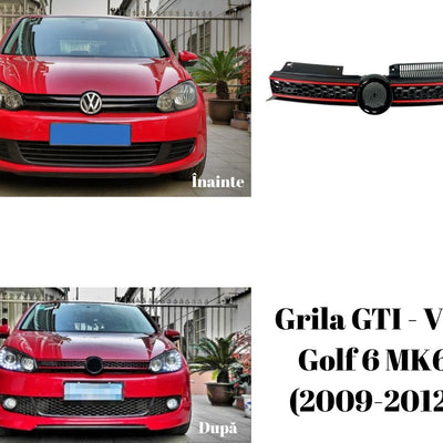 Colaj cu Volkswagen Golf 6 înainte și după montarea grilei GTI, produs aftermarket ABS negru lucios cu accente roșii și design fagure.