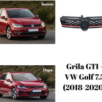 Grilă GTI aftermarket pentru VW Golf 7.5, fotografie frontală, design tip fagure cu dungi roșii și finisaj negru lucios, material ABS de calitate.