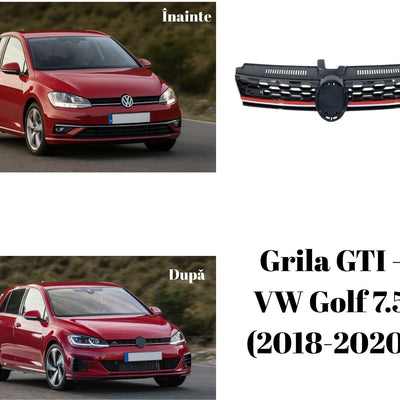 Colaj comparativ cu Volkswagen Golf 7.5 înainte și după montarea grilei GTI aftermarket, ABS negru lucios cu dungi roșii, design sportiv premium.