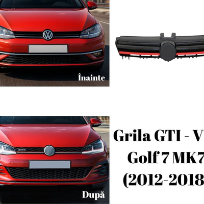 VW Golf 7 MK7 roșu, vedere frontală, cu grilă GTI aftermarket instalată, design cu dungă roșie și fagure sport, efect vizual premium.