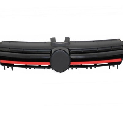 Grilă GTI VW Golf 7 MK7 (2012–2018), fotografie frontală, design cu dungi roșii, finisaj lucios, componentă auto aftermarket din ABS.