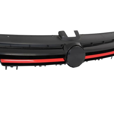 Grilă GTI aftermarket pentru Volkswagen Golf 7 MK7 (2012–2018), vedere frontală, model sportiv cu inserție roșie, material ABS rezistent.