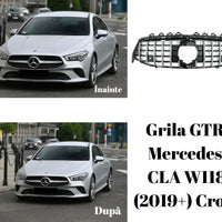 Grilă GTR cromată pentru Mercedes CLA W118 (2019+), prezentată frontal, design cu lamele verticale cromate, piesă aftermarket ABS durabil.