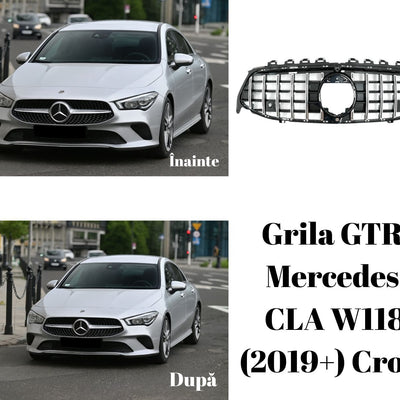 Colaj comparativ cu Mercedes CLA W118 (2019+) înainte și după montarea grilei GTR cromate aftermarket, evidențiind diferența estetică.