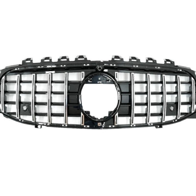 Grilă GTR cromată pentru Mercedes CLA W118 (2019+), prezentată frontal, design cu lamele verticale cromate, piesă aftermarket ABS durabil.