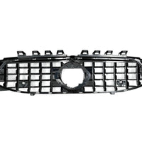 Grilă GTR cromată pentru Mercedes CLA W118 (2019+), prezentată frontal, design cu lamele verticale cromate, piesă aftermarket ABS durabil.