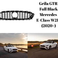 Grilă auto GTR Full Black compatibilă cu Mercedes E-Class W213 (2020+), fabricată din plastic ABS, design sportiv complet negru, fotografie frontală pe fundal alb.