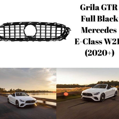 Grilă GTR Full Black pentru Mercedes E-Class W213 (2020+), fotografie produs pe fundal alb și mașină albă decapotabilă cu grila instalată, design sportiv aftermarket.