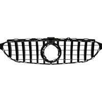 Grilă auto GTR gri/crom compatibilă cu Mercedes C-Class W205 (2019+), imagine frontală detaliată a componentei, design sportiv din ABS.