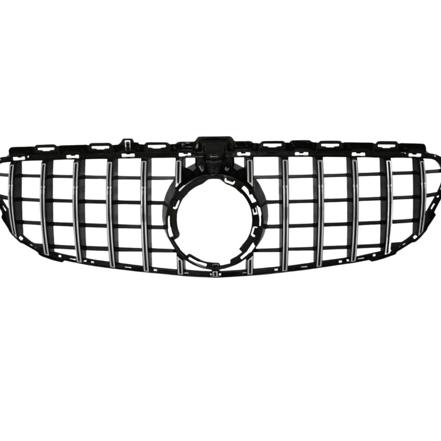 Grilă auto GTR gri/crom compatibilă cu Mercedes C-Class W205 (2019+), imagine frontală detaliată a componentei, design sportiv din ABS.