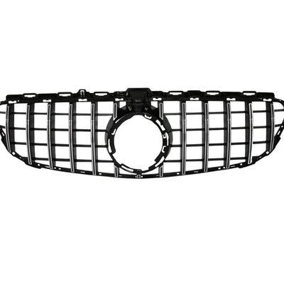 Grilă auto GTR gri/crom compatibilă cu Mercedes C-Class W205 (2019+), imagine frontală detaliată a componentei, design sportiv din ABS.