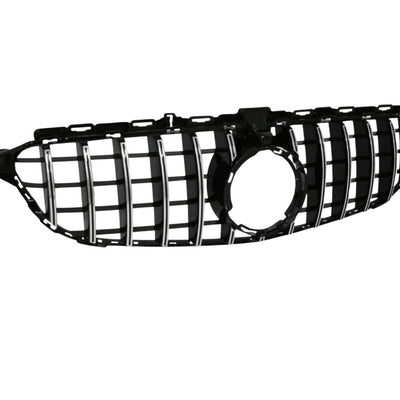 Grilă GTR gri/crom pentru Mercedes C-Class W205 facelift 2019+, unghi lateral, plastic ABS premium cu detalii cromate.