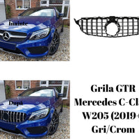 Grilă auto GTR gri/crom compatibilă cu Mercedes C-Class W205 (2019+), imagine frontală detaliată a componentei, design sportiv din ABS.