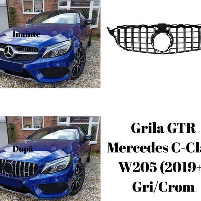 Comparativ înainte și după montarea grilei GTR gri/crom pe Mercedes C-Class W205 facelift 2019+, imagine frontală a mașinii.