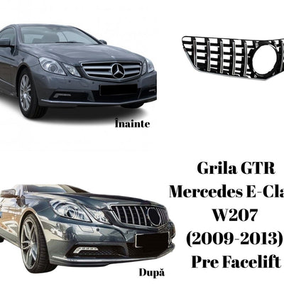 Colaj înainte și după instalare grilă GTR Look pe Mercedes E-Class W207 (2009–2013) Pre-Facelift, comparativ design original și design sportiv AMG inspirat.