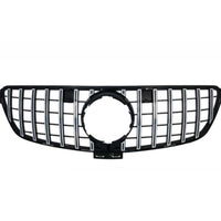 Imagine frontală cu grila GTR Look pentru Mercedes GLE W166 (2015–2018), finisaj gri-negru, design sportiv cu bare verticale.