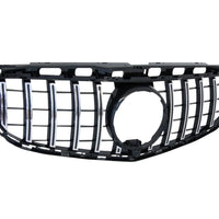 Grilă frontală GTR Look pentru Mercedes-Benz E-Class W212 facelift, fabricată din plastic ABS, culoare negru cu inserții cromate, vedere din față.