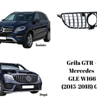 Imagine frontală cu grila GTR Look pentru Mercedes GLE W166 (2015–2018), finisaj gri-negru, design sportiv cu bare verticale.