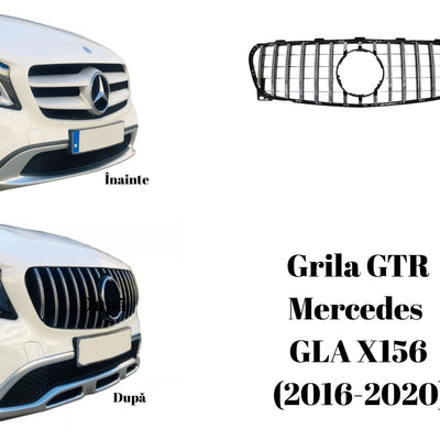 Detaliu față Mercedes GLA X156 alb, comparație cu grilă originală și montaj grilă GTR Look negru, unghi apropiat