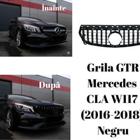 Detaliu gros-plan al grilei GTR Negru pentru Mercedes CLA W117 2016–2018, cu bare verticale și finisaj negru lucios, ABS rezistent.