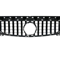 Detaliu gros-plan al grilei GTR Negru pentru Mercedes CLA W117 2016–2018, cu bare verticale și finisaj negru lucios, ABS rezistent.