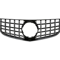 Grilă față GTR Look pentru Mercedes E-Class W207 Facelift (2013–2016), vedere frontală, design cu bare verticale cromate și suport emblemă centrală.