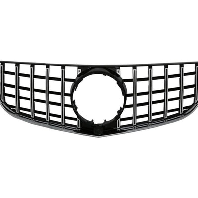 Grilă față GTR Look pentru Mercedes E-Class W207 Facelift (2013–2016), vedere frontală, design cu bare verticale cromate și suport emblemă centrală.