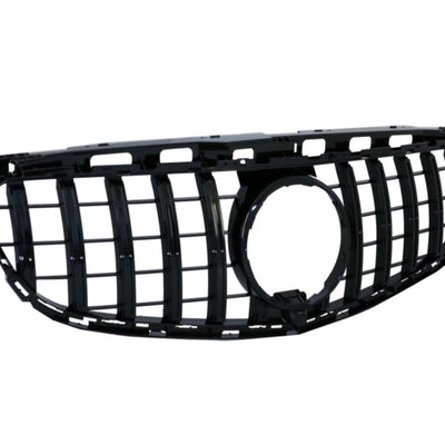 Grilă GTR pentru Mercedes E-Class W212 (2013–2015), cu bare verticale cromate și finisaj negru lucios, compatibilă cu versiunea facelift.