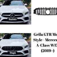 Grilă frontală sportivă GTR Mesh Style pentru Mercedes A-Class W177 (2019+), material ABS rezistent, design tip fagure, culoare negru.