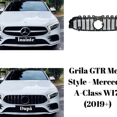 Fotografie comparativă a grilei GTR Mesh Style montată pe Mercedes A-Class W177 (2019+), design sportiv, look modern și agresiv.