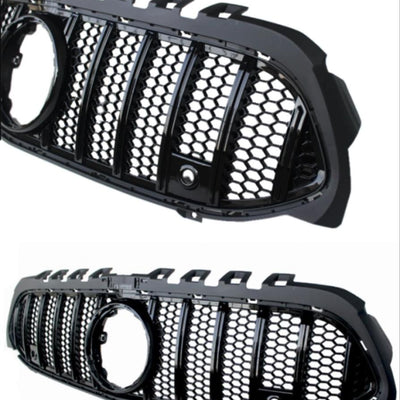 Grilă GTR Mesh Style negru pentru Mercedes A-Class W177 (2019+), vedere detaliu lateral stânga, design tip fagure, material ABS premium.