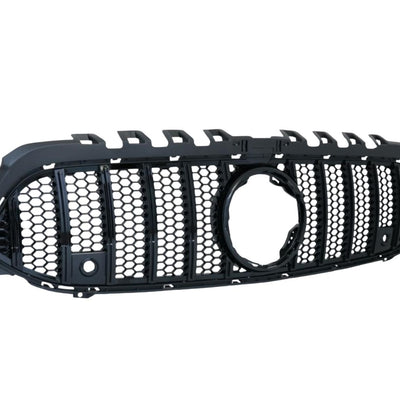 Grilă GTR Mesh Style pentru Mercedes A-Class W177 (2019+), culoare negru, unghi lateral stânga, design sportiv cu efect mesh.