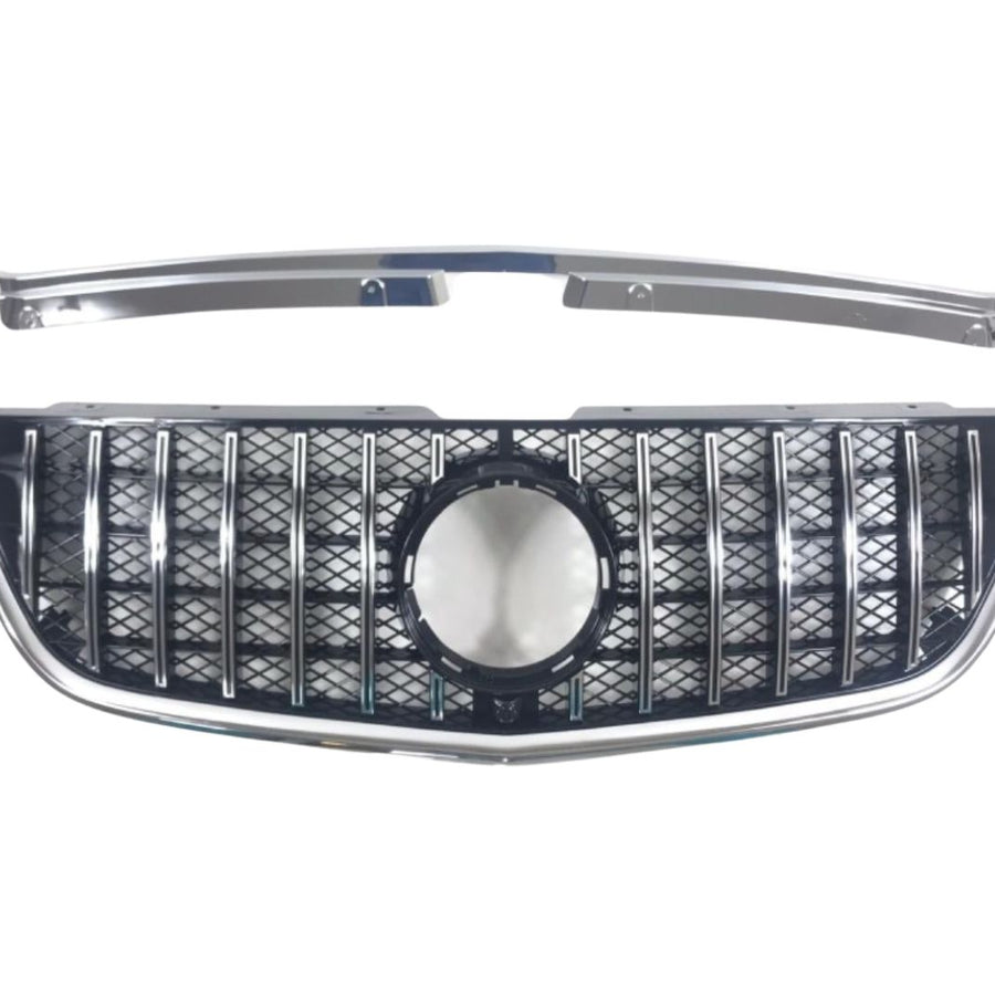 Grilă auto GTR Mesh Style cromată pentru Mercedes Vito W447 2014-2020, vedere frontală completă cu ramă cromată și design sportiv.