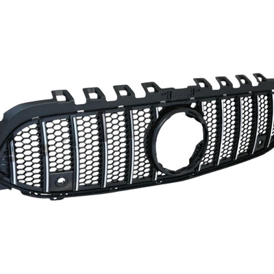 Grilă auto aftermarket GTR Mesh Style pentru Mercedes A-Class W177 (2019+), negru lucios, vedere laterală detaliată a designului sportiv tip fagure.