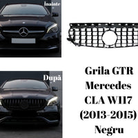 Grilă frontală GTR neagră compatibilă cu Mercedes CLA W117 (2013–2015), fabricată din ABS rezistent, design cu lamele verticale pentru un look agresiv.