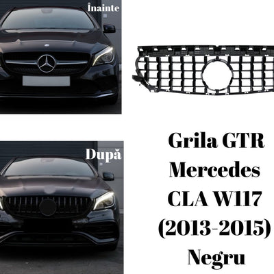 Colaj cu Mercedes CLA W117 (2013–2015) înainte și după montarea grilei GTR negre, evidențiind diferența dintre grila OEM și modelul aftermarket sportiv.