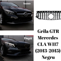 Grilă frontală GTR neagră compatibilă cu Mercedes CLA W117 (2013–2015), fabricată din ABS rezistent, design cu lamele verticale pentru un look agresiv.