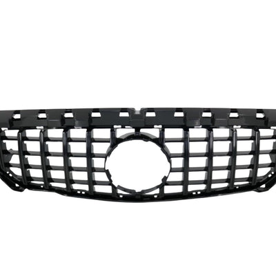 Grilă GTR neagră compatibilă cu Mercedes CLA W117 (2013–2015), vedere frontală, design inspirat AMG, cu lamele verticale, finisaj negru lucios.