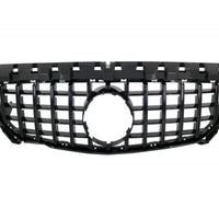 Grilă frontală GTR neagră compatibilă cu Mercedes CLA W117 (2013–2015), fabricată din ABS rezistent, design cu lamele verticale pentru un look agresiv.