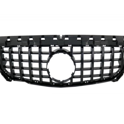 Grilă frontală GTR neagră compatibilă cu Mercedes CLA W117 (2013–2015), fabricată din ABS rezistent, design cu lamele verticale pentru un look agresiv.