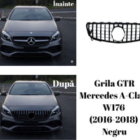 Grilă auto GTR negru pentru Mercedes A-Class W176 (2016–2018), vedere frontală, design sportiv cu lamele verticale, material ABS rezistent.