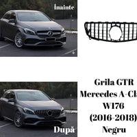 Grilă auto GTR negru pentru Mercedes A-Class W176 (2016–2018), vedere frontală, design sportiv cu lamele verticale, material ABS rezistent.