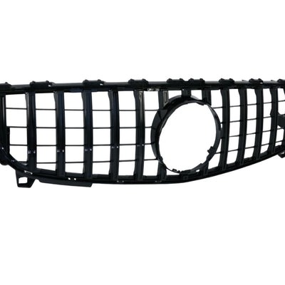 Grilă GTR negru pentru Mercedes A-Class W176 (2016–2018), unghi lateral stânga, model cu lamele verticale, finisaj lucios, plastic ABS premium.