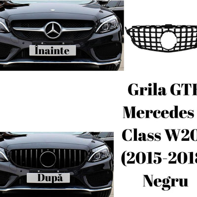 Comparație înainte și după montaj grilă GTR negru pe Mercedes C-Class W205 (2015-2018), imagine frontală evidențiind transformarea sportivă.
