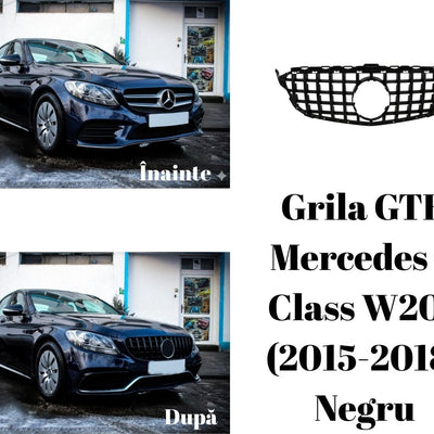 Mercedes C-Class W205 (2015-2018) înainte și după instalarea grilei GTR negru, vedere laterală față, aspect agresiv și premium.