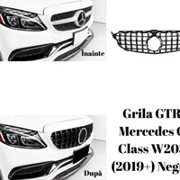 Grilă GTR negru lucios pentru Mercedes C-Class W205 (2019+), fotografie detaliată din unghi lateral, material ABS rezistent, stil sportiv.